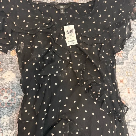 Next Black/White Polka Dot Short Sleeve Mesh Ruffle Maxi Dress NWT Sz US 8 - Picture 2 of 4